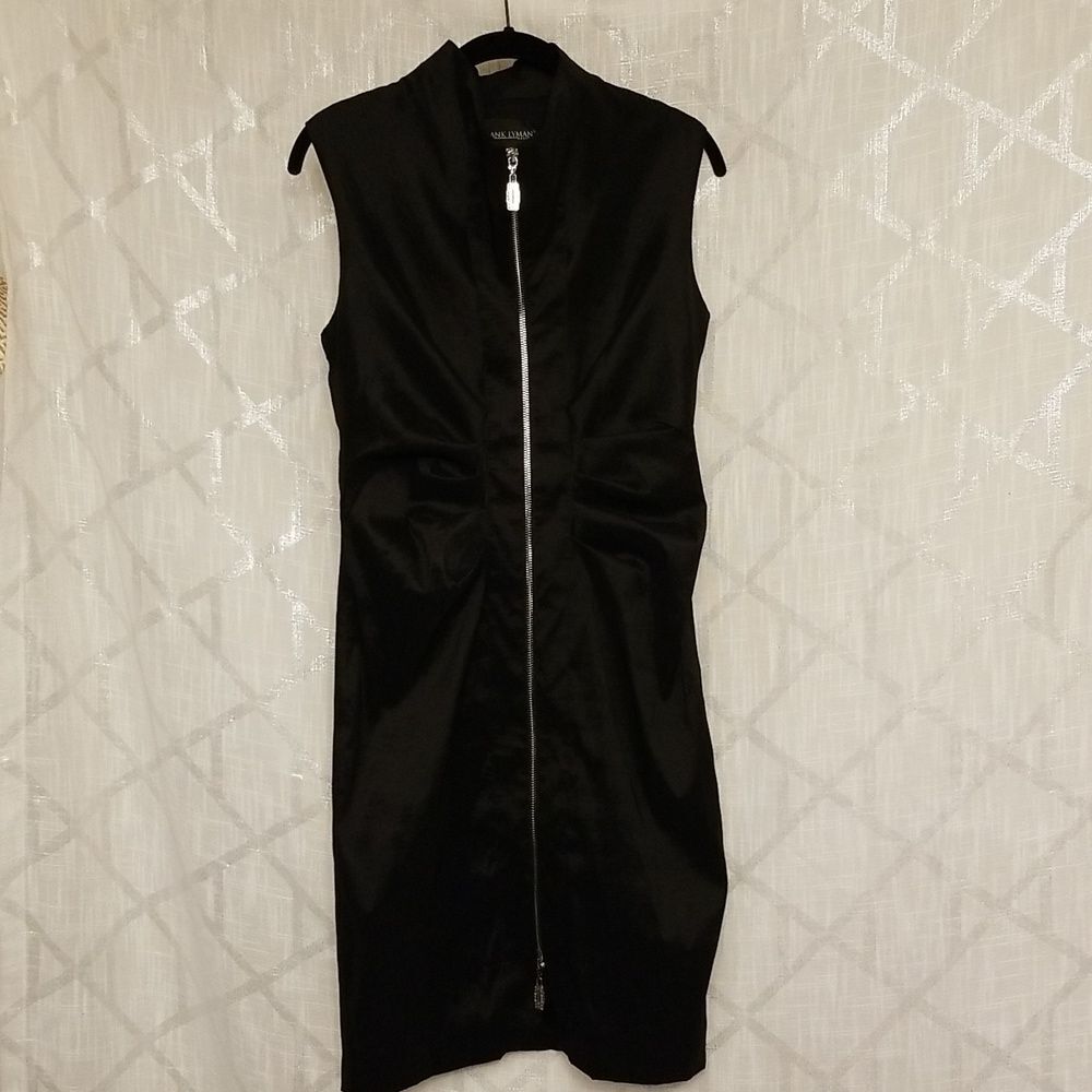 Frank Lyman Design Zipper Front Satin Dress Womens Size 6 Black Sleeveless